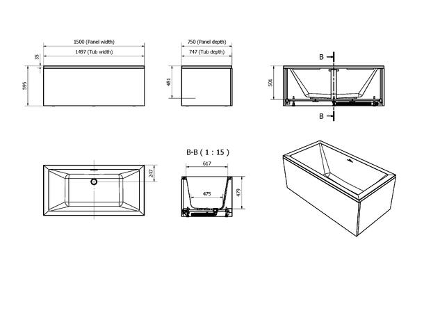 Badekarpakke med panel TEMSE 150 150x75x60cm (front&ende) hvit