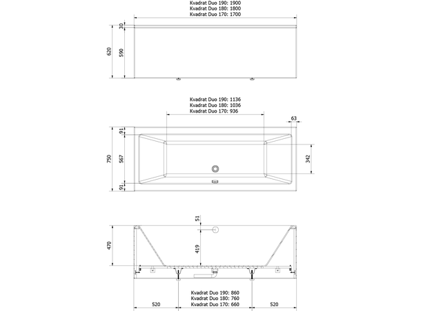 Badekarpakke med panel KVADRAT DUO 170 170x75x62cm (front&ende) sort matt/hvit